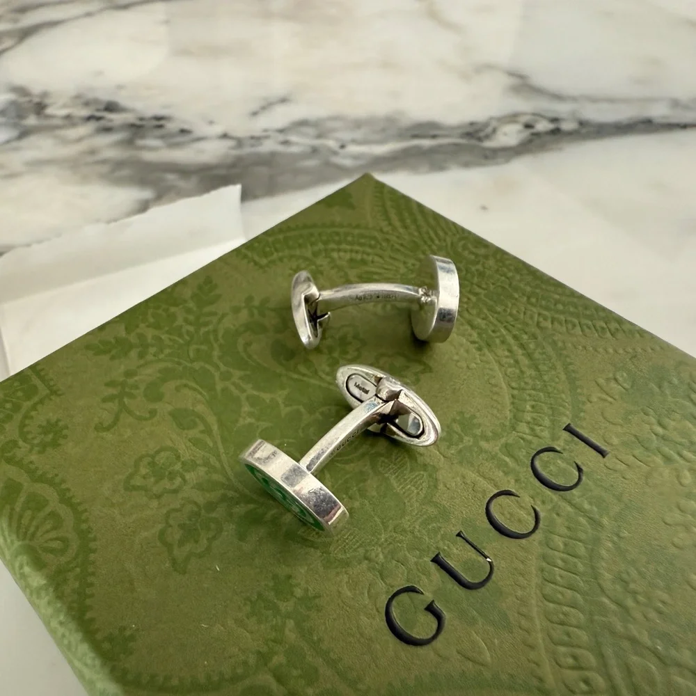 Gucci 681283 Silver Cufflinks with Green GG inlay, with box